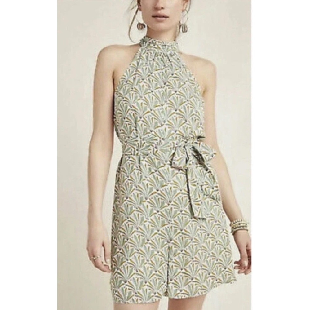 Anthropologie Maddie High Neck Belted Romper Womens Medium Palm Print Sleeveless
